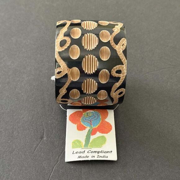 NWT Antika Wide Black Tan Bangle Bracelet Intricate Carved Design Lead Compliant - Picture 2 of 9